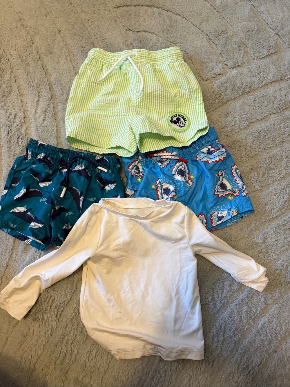 Cat & Jack White Long-Sleeve Rash Guard with Green, Teal, and Blue Swim Trunks